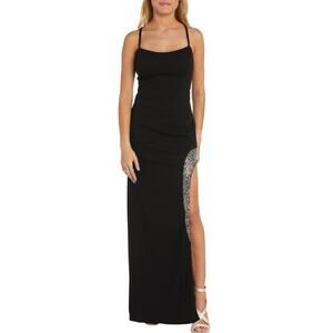 Nightway Backless Beaded Thigh Slit Long Evening Gown Black Size 12 Formal Dress